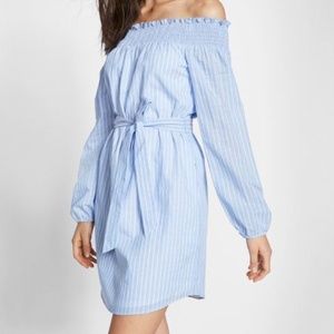 Blue Striped Off The Shoulder Long Sleeve Dress